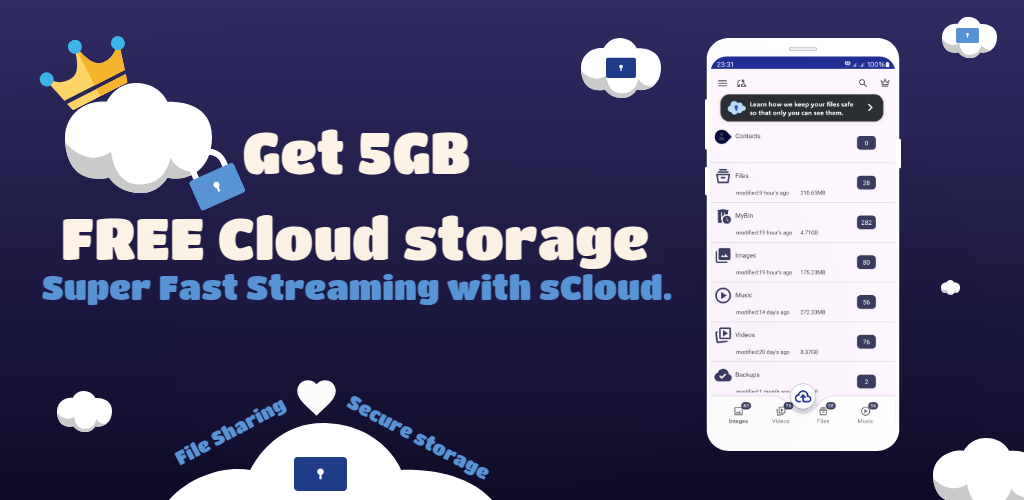 sCloud Mobile App Interface 5GB Free Cloud Storage